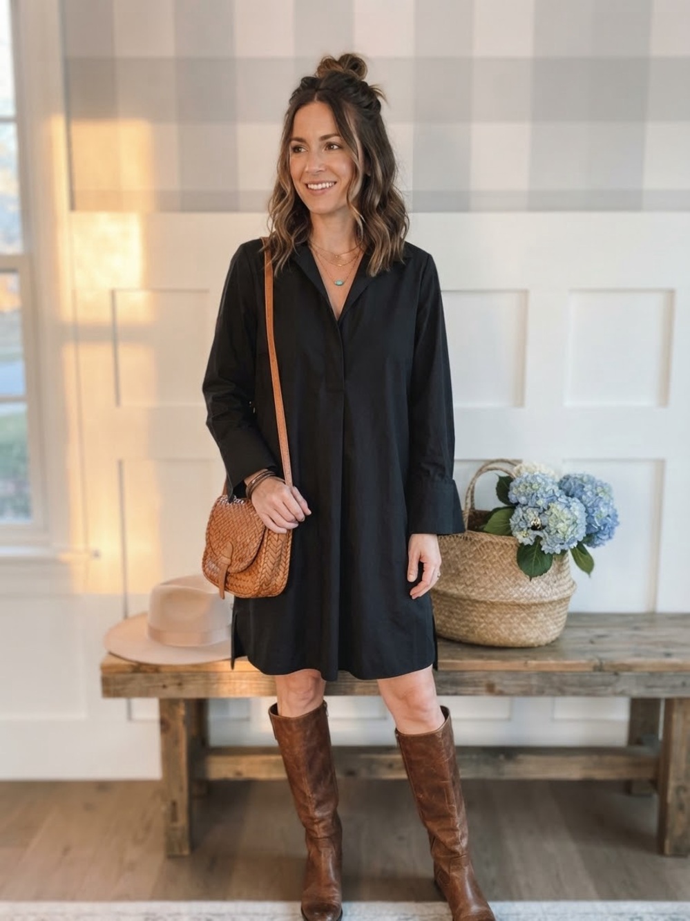 Madewell Black Mini Shirt Dress with Brown Leather Boots & Woven Bag
